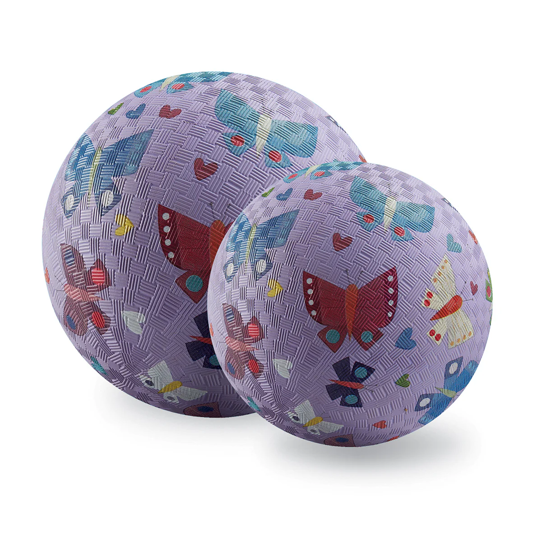 Two purple balls with butterfly pattern on a white background