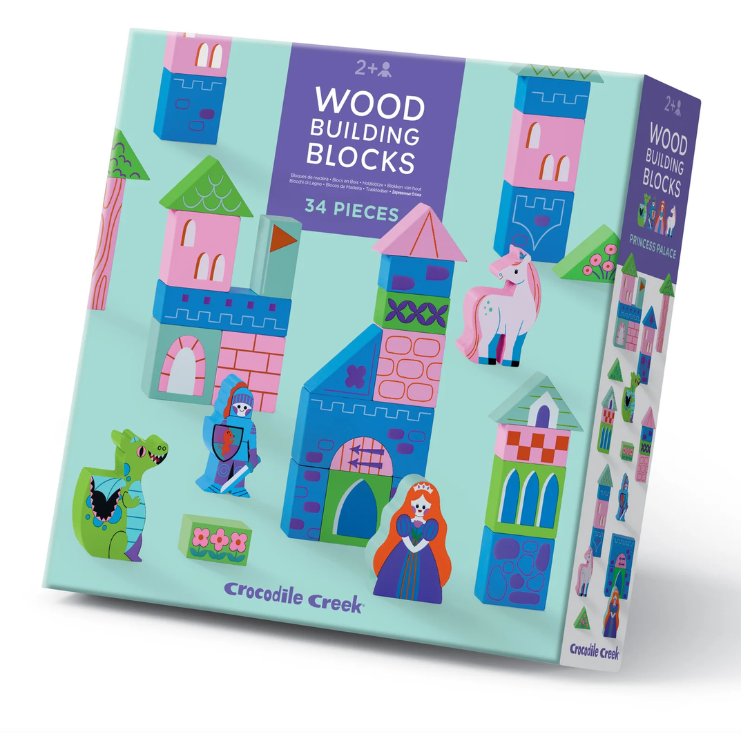 Wood building blocks set with colorful packaging featuring cartoon characters on a white background.