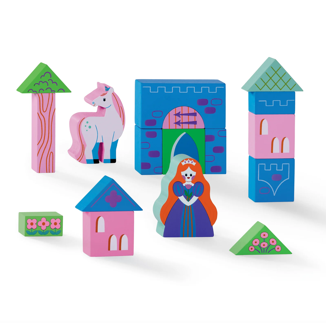 Colorful wooden blocks with princess and castle design on a white background