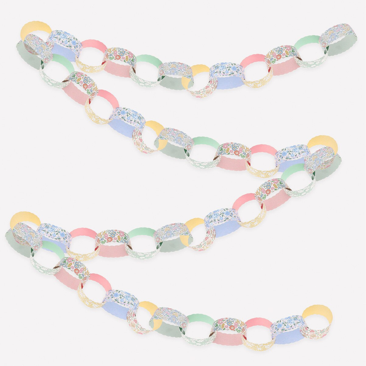Colorful paper chain with pastel and multicolor links on a white background