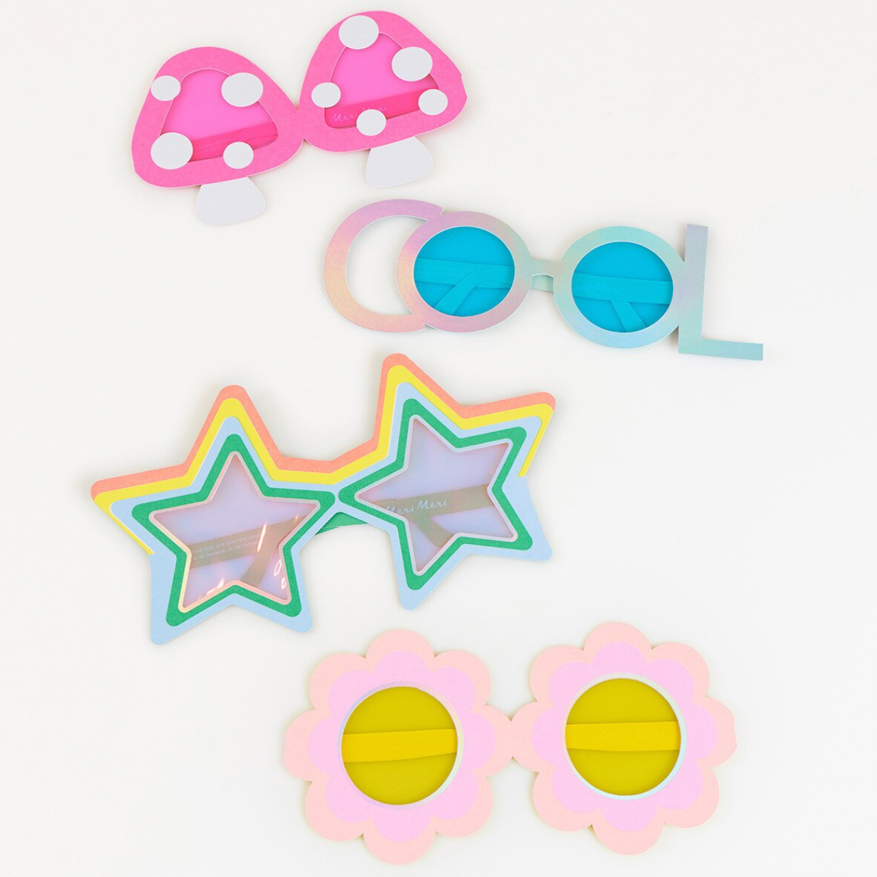 Set of colorful children's sunglasses with different shapes on a white background