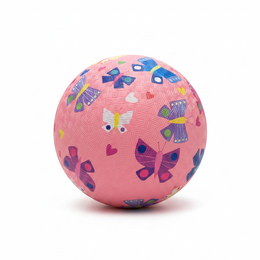 Pink ball with butterfly patterns on a wooden surface