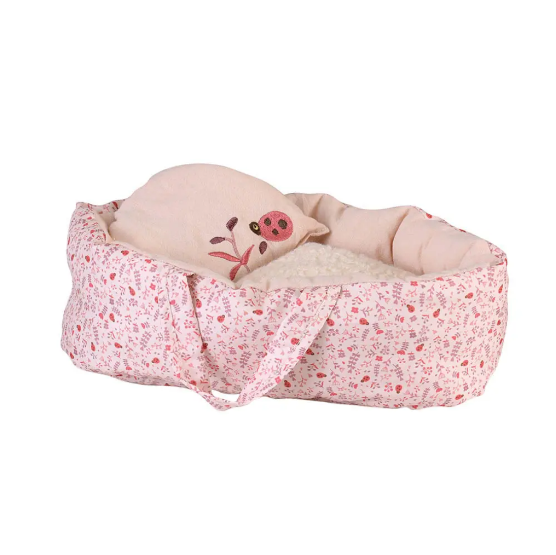 Pink baby nest with floral pattern and ladybug design on a white background