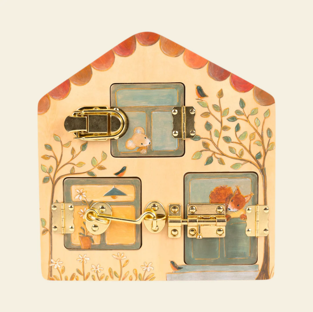 Decorative lock with fox illustrations on a beige background
