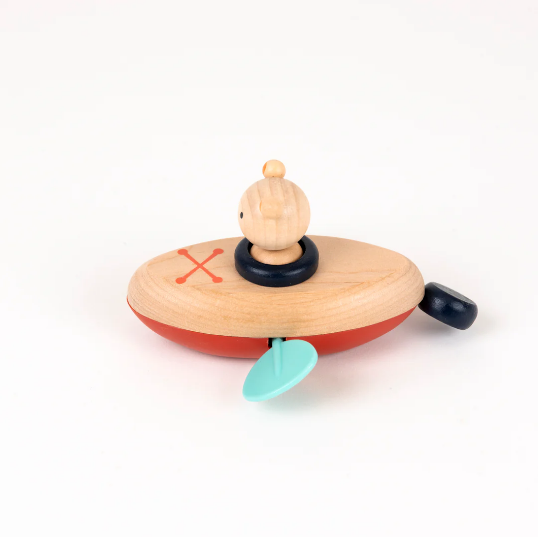 Wooden toy with a red base, beige top, and black and red accents on a white background