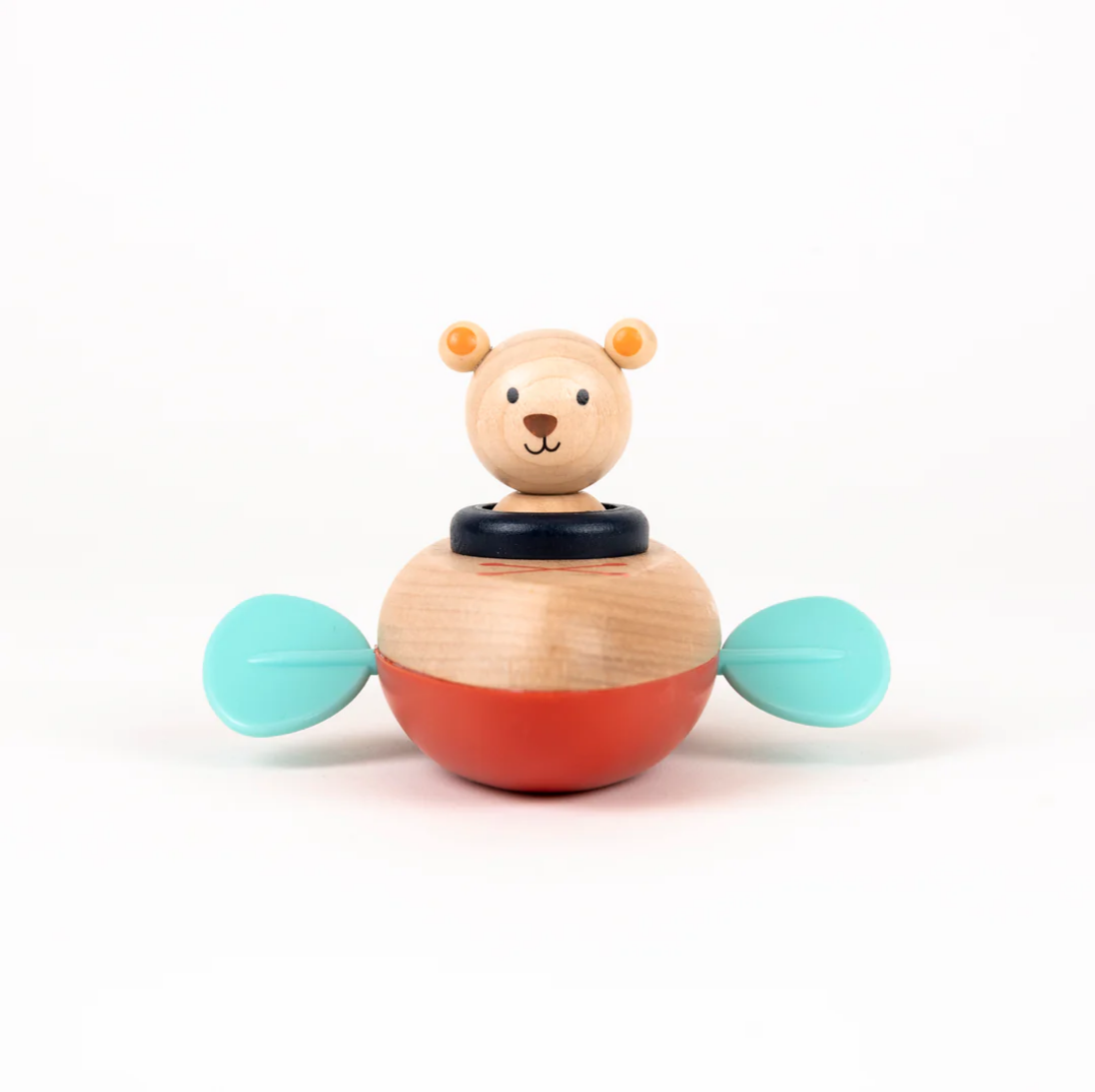 Wooden toy with a bear face and colorful components on a white background