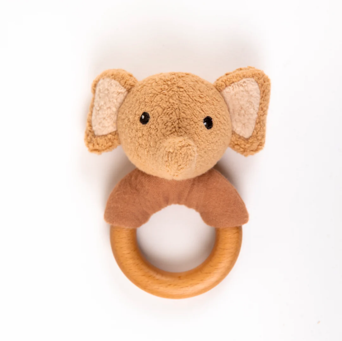 Plush elephant rattle toy on a white background