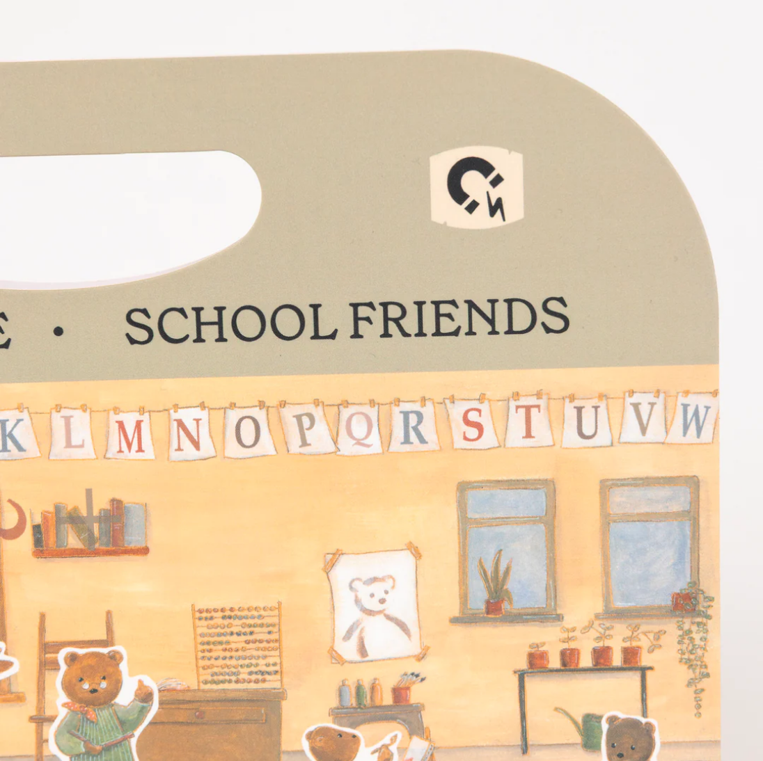 Product packaging for 'School Friends' with a classroom illustration and alphabet letters.