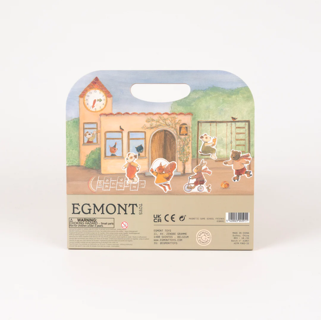 Egmont toy packaging with cartoon characters and a building illustration on a white background