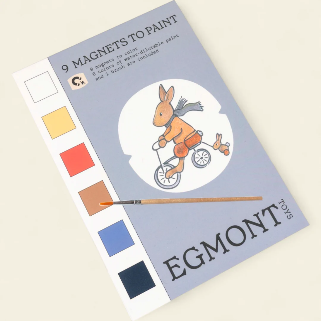 Egmont coloring book with a rabbit on a unicycle illustration and paint color swatches.
