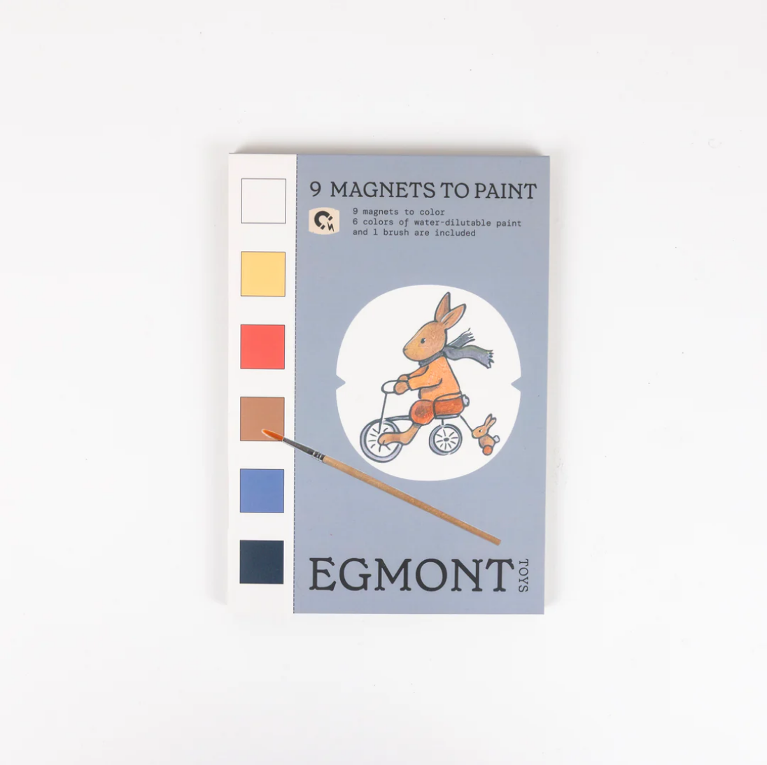 Egmont magnet set packaging with a rabbit on a bike illustration and color swatches.