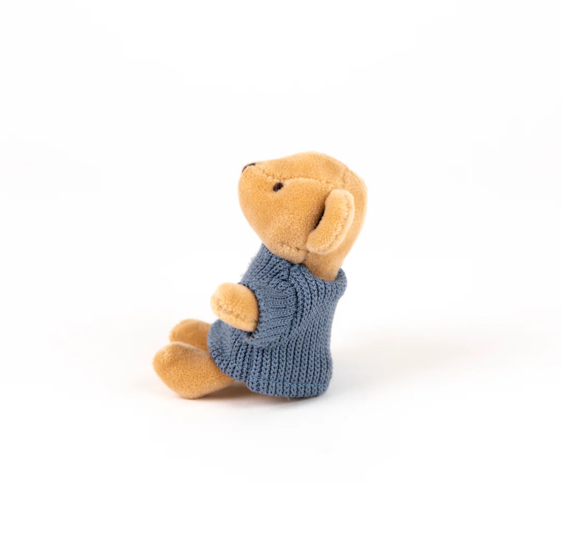 Stuffed teddy bear wearing a blue knitted sweater on a white background