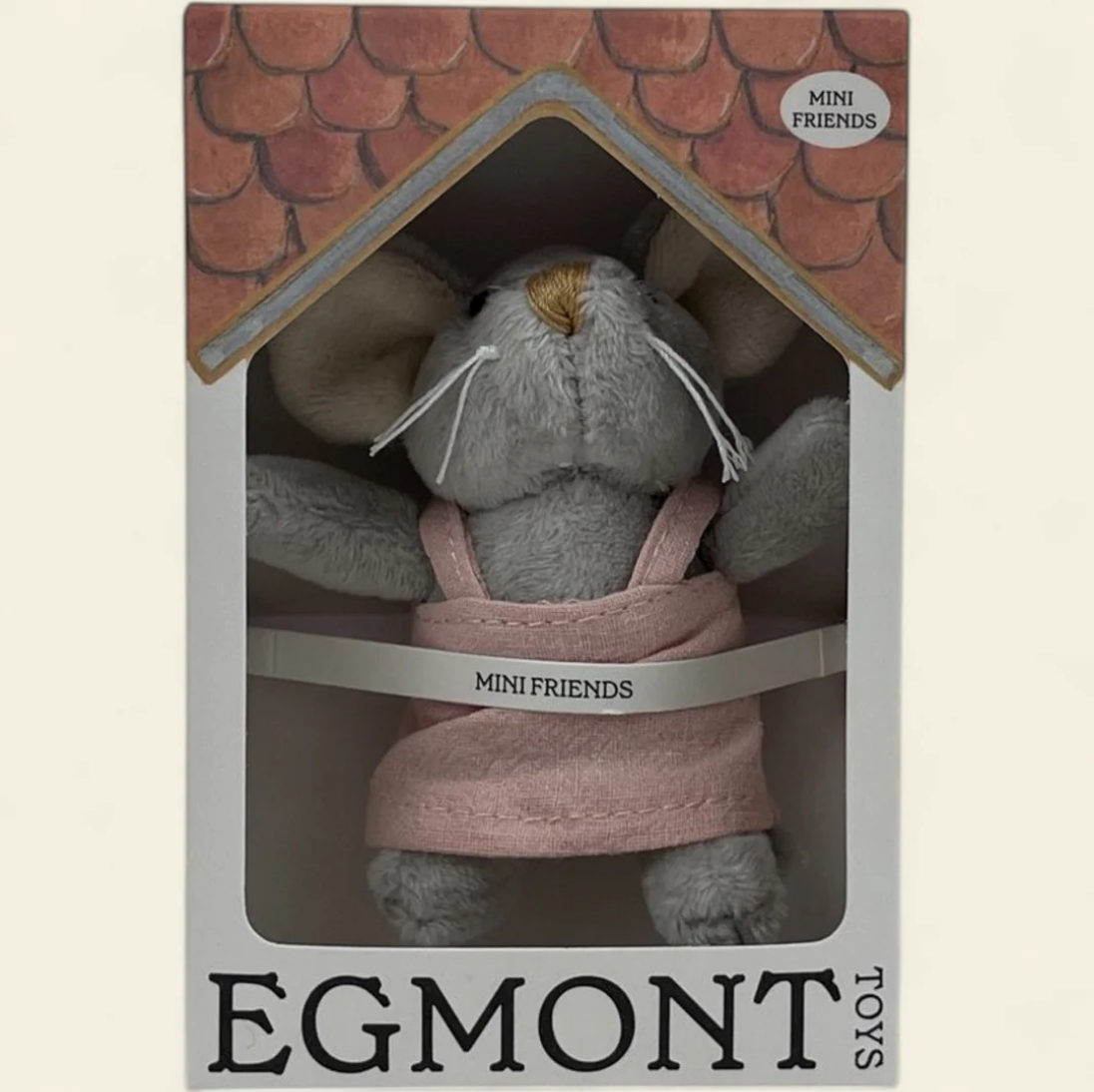 Plush toy mouse in a box with 'Egmont Toys' branding