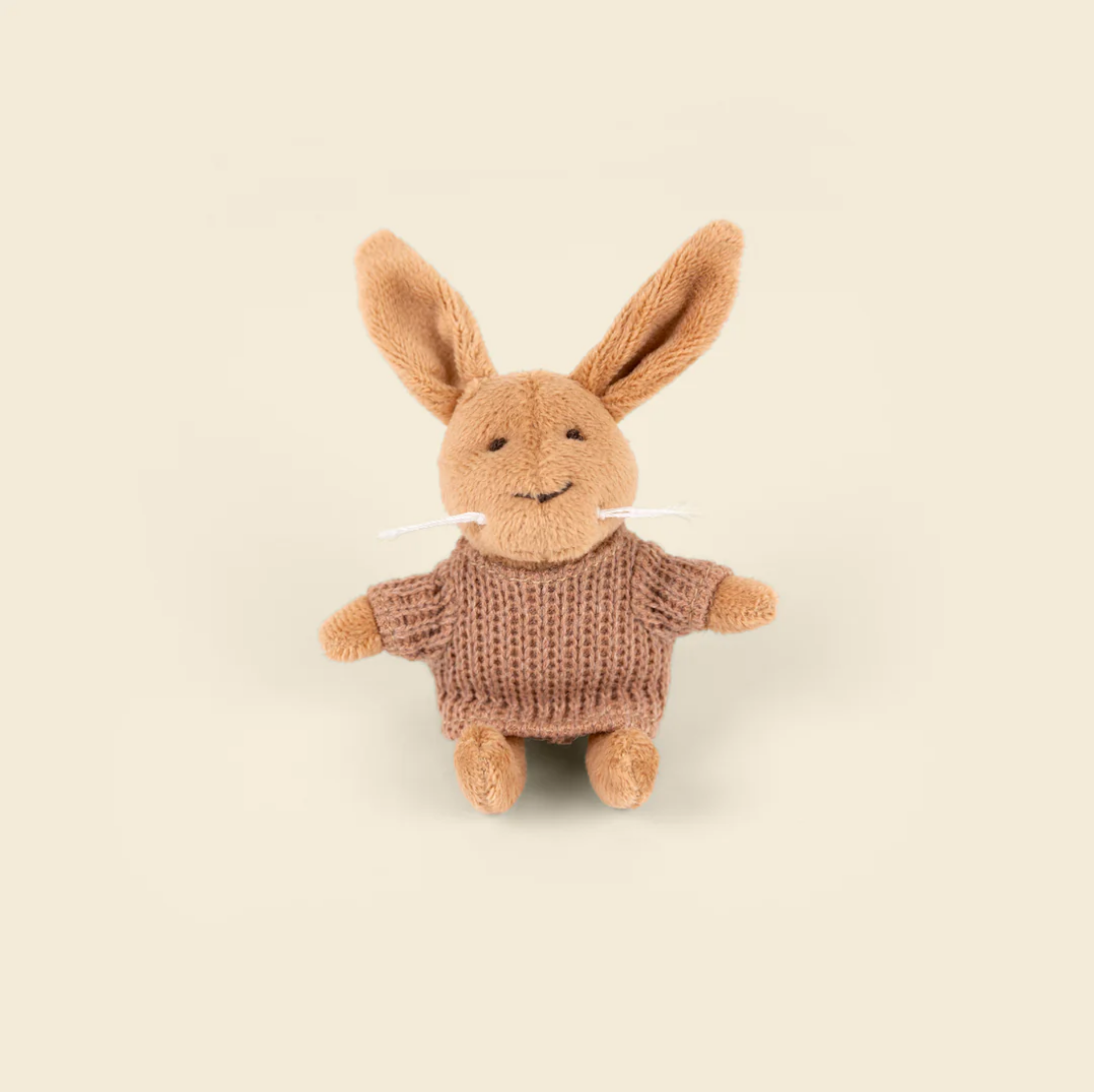 Stuffed rabbit toy wearing a knitted sweater on a beige background