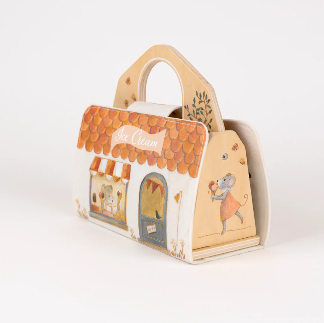 Wooden toy ice cream shop with cartoon characters on a white background