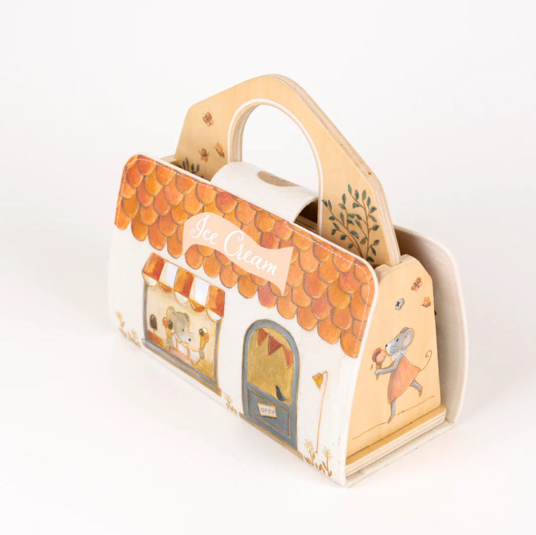 wooden house-shaped gift bag with cute illustrations on a white background
