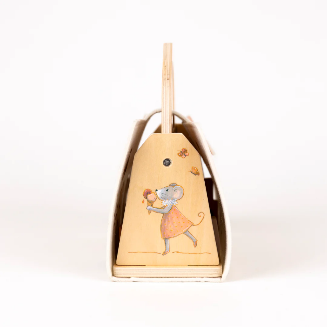 Wooden toy with a mouse design on a white background