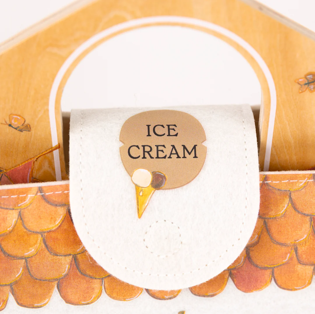 Ice cream cone on a container with a label on a white background