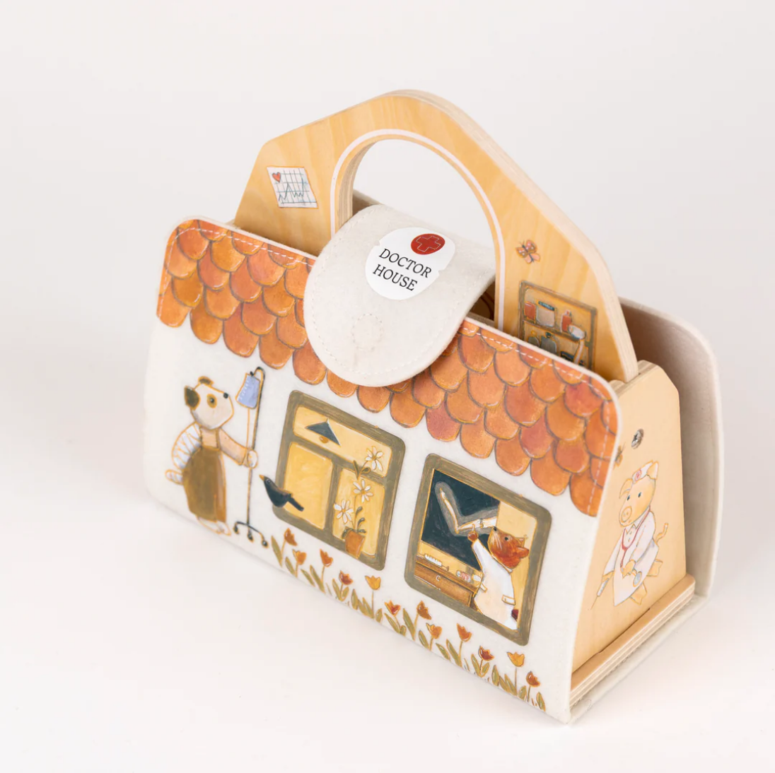 wooden house-shaped box with illustrations and a white flap labeled 'Doctor House' on a white background