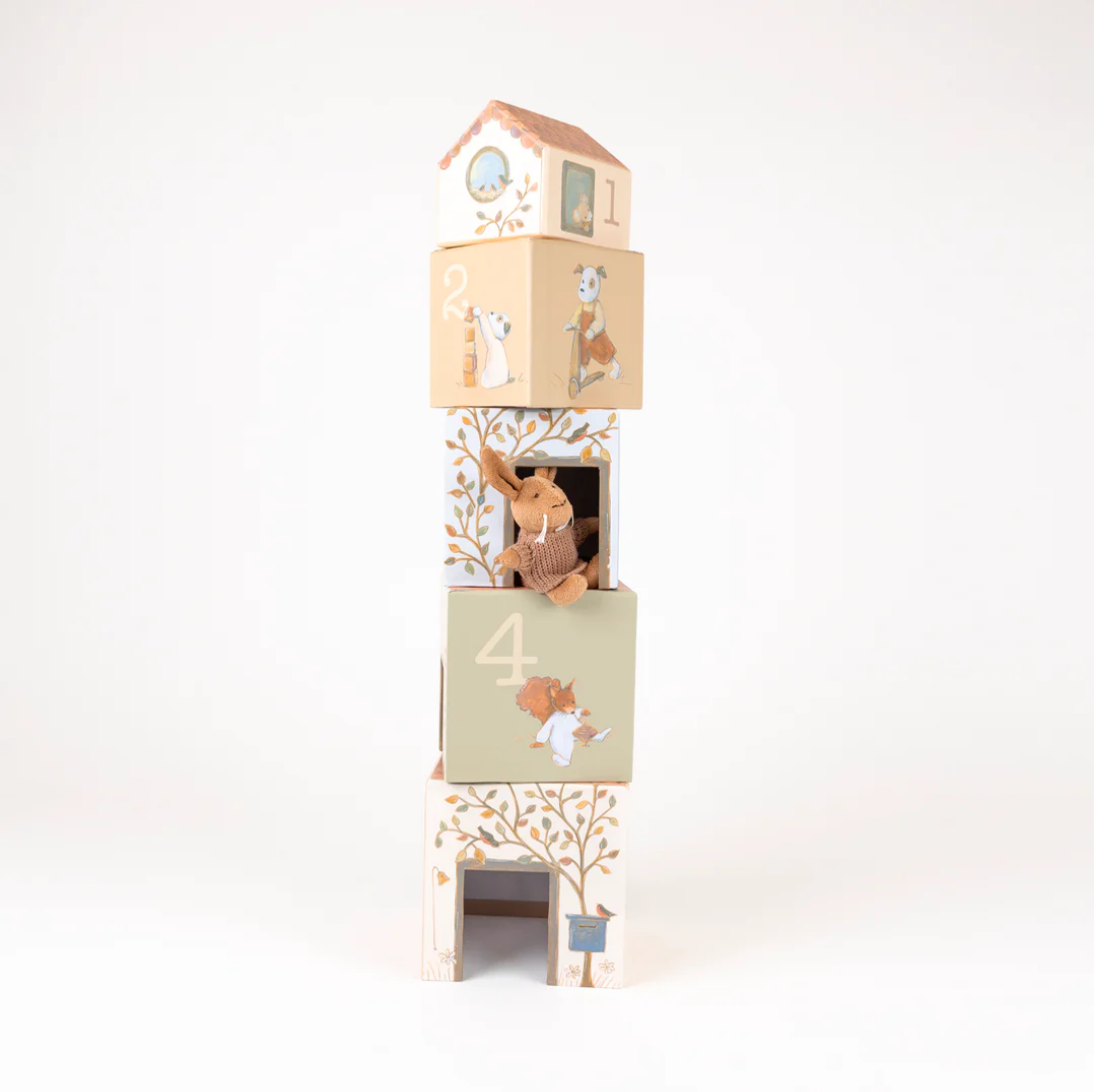 Stacking toy with animal figures on a white background