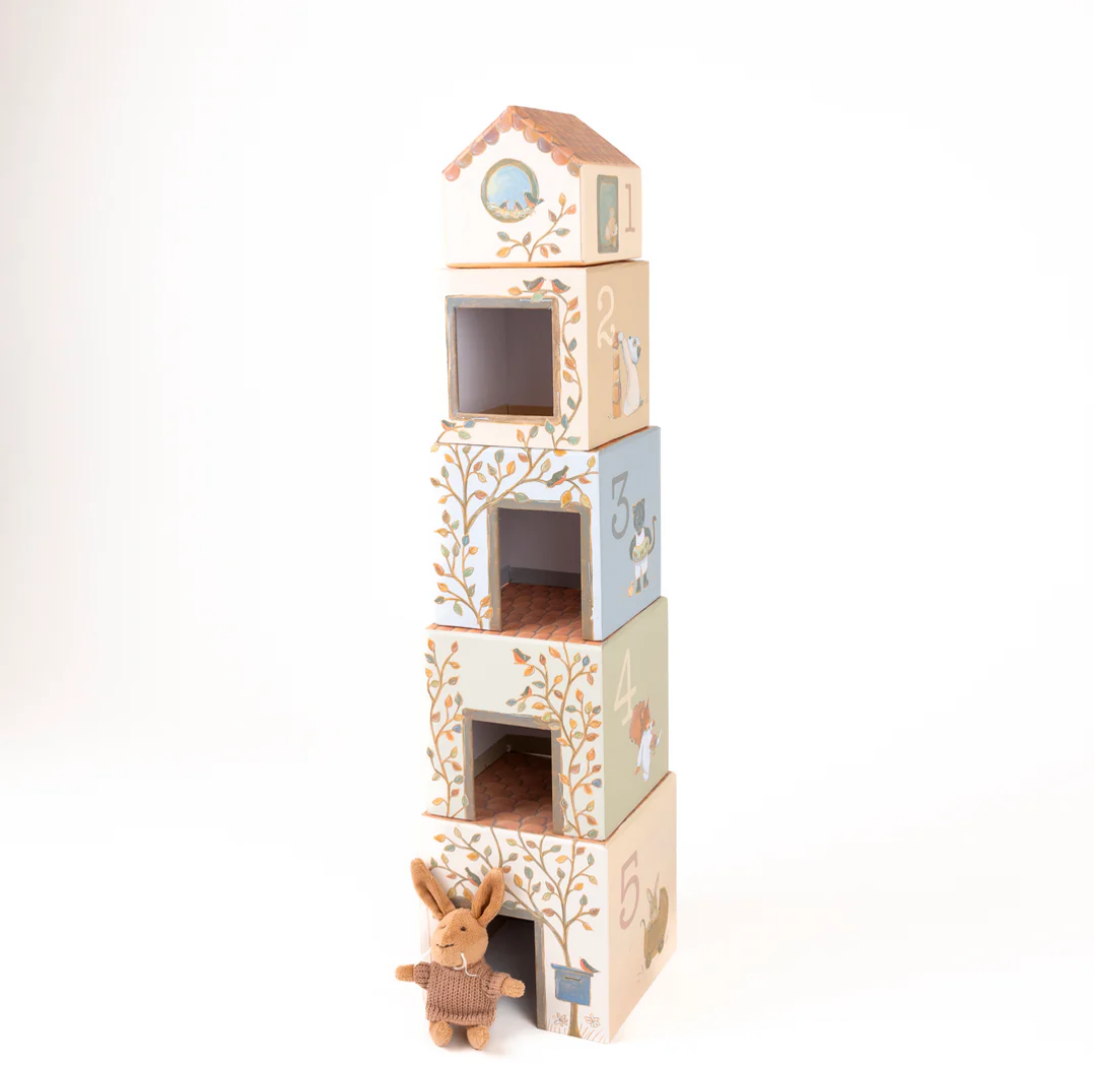 Stackable cardboard toy house with animal illustrations on a white background