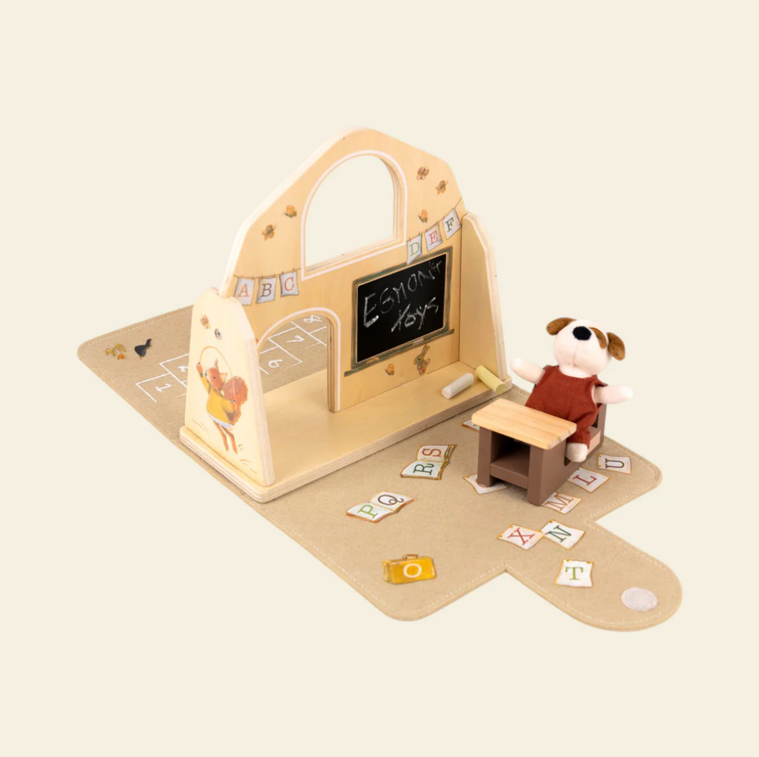Wooden toy classroom set with a teacher figure, blackboard, and students on a beige background