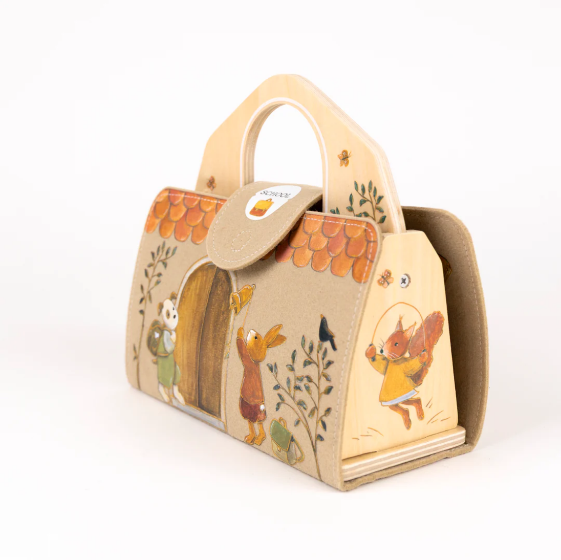 Wooden toy purse with animal illustrations on a white background