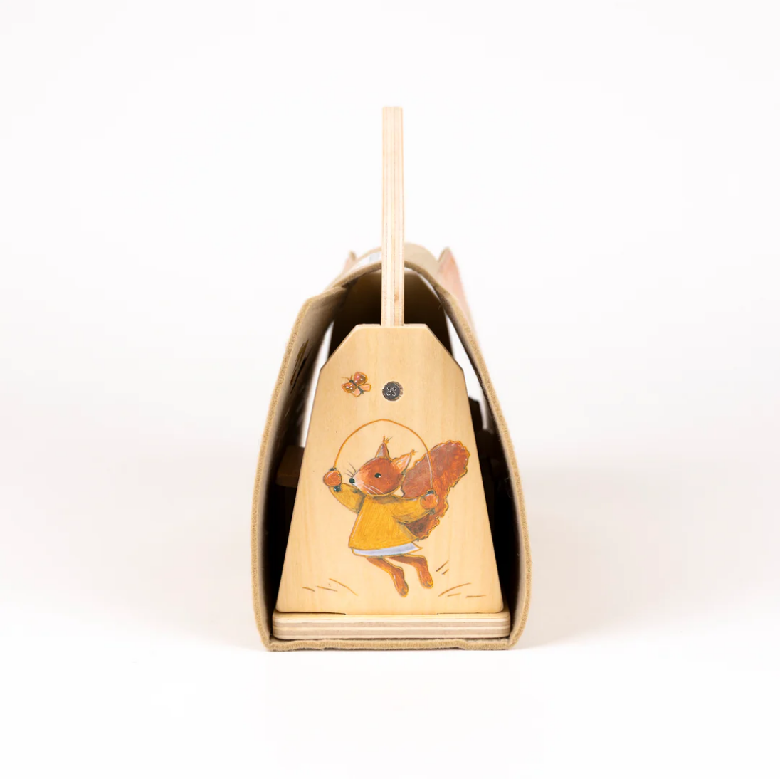Wooden toy with a squirrel design on a white background