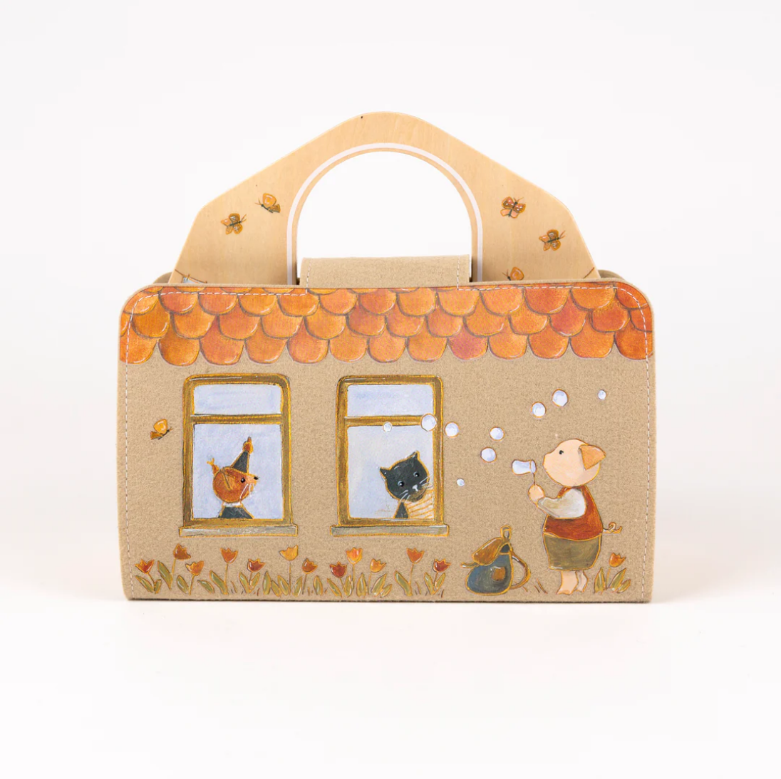 felt house-shaped box with animal illustrations on a white background