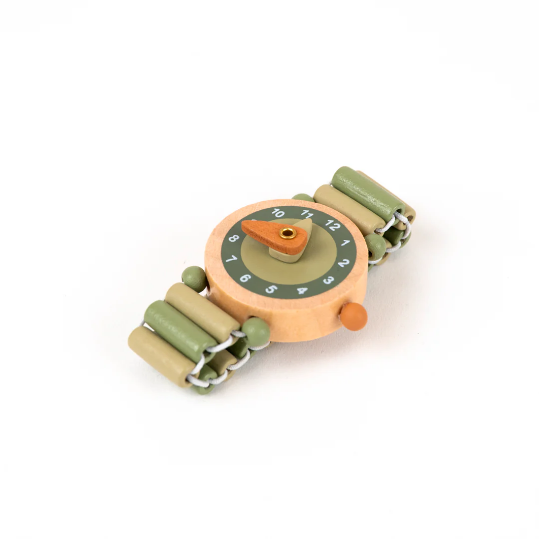Toy watch with green and orange design on a white background