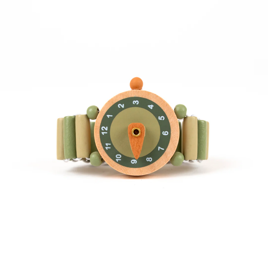 Children's watch with a green strap and wooden casing on a white background