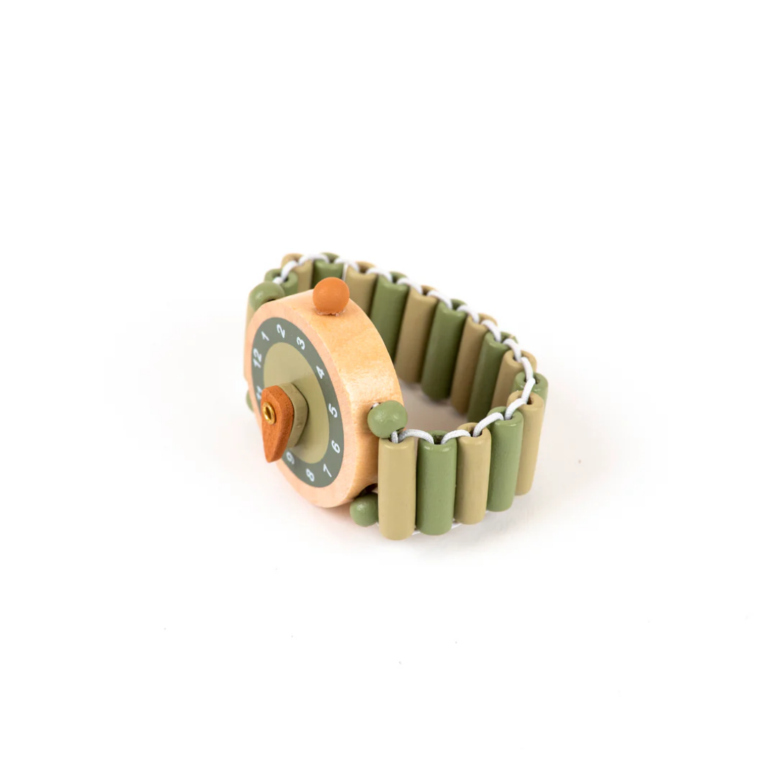 Wooden toy with a green and beige band on a white background