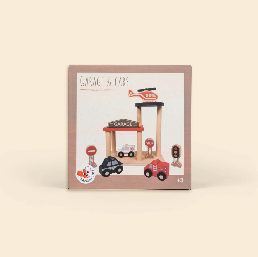 Toy garage set packaging with illustrations on a beige background
