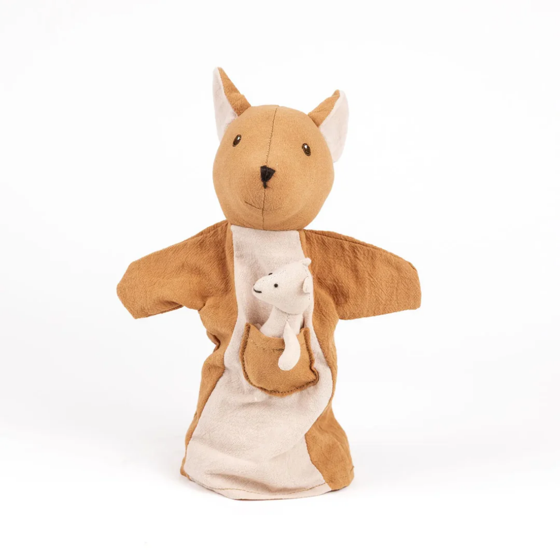 Plush toy kangaroo with a smaller plush baby inside on a white background