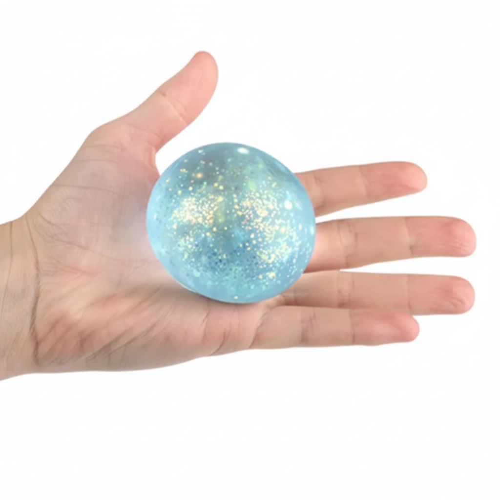 Blue glittery ball held in a hand 