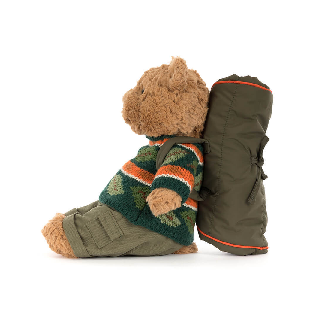 Teddy bear wearing a green backpack and patterned sweater on a white background