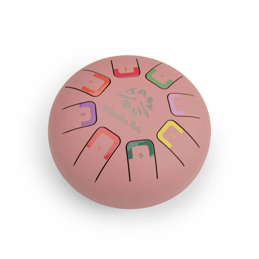 Pink handheld drum with colorful打击面 on a white background