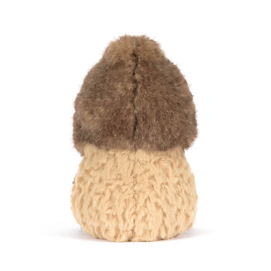 Small plush toy with a textured body and fluffy brown top on a white background