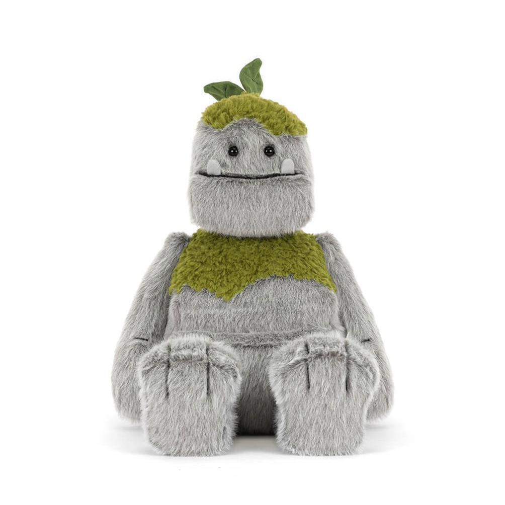 Plush toy with a green top and gray body on a white background