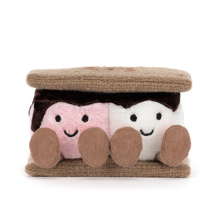 Toy s'more with two marshmallows and a chocolate bar on a white background