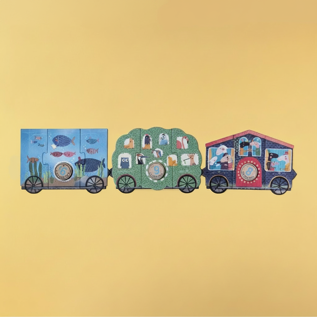 Three colorful train cars with various designs on a yellow background