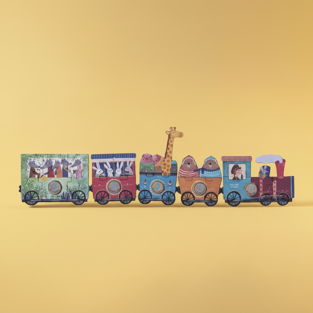 Colorful train-shaped product with cartoon characters on a yellow background