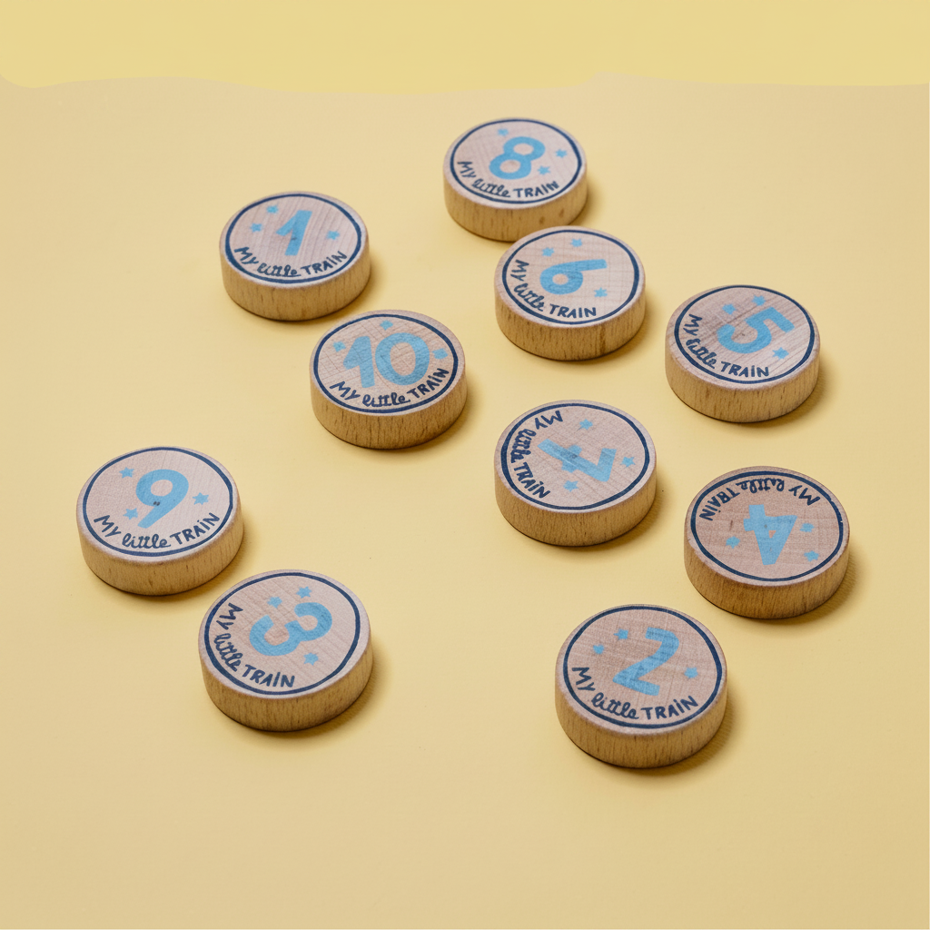 Wooden toys resembling train wheels with numbers printed on them, arranged on a beige background.