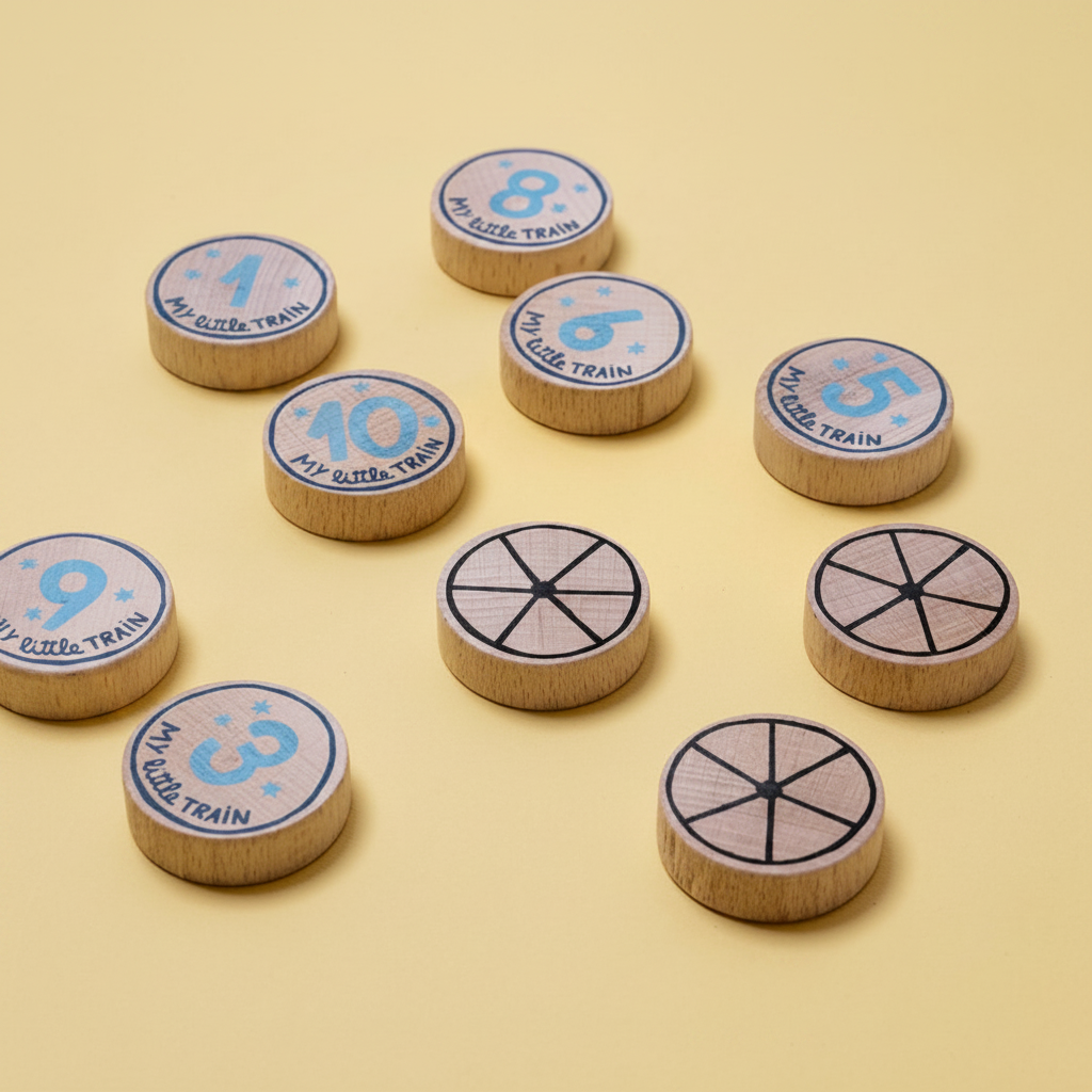 Wooden train track pieces with numbers and 'My Little Train' text on a yellow background