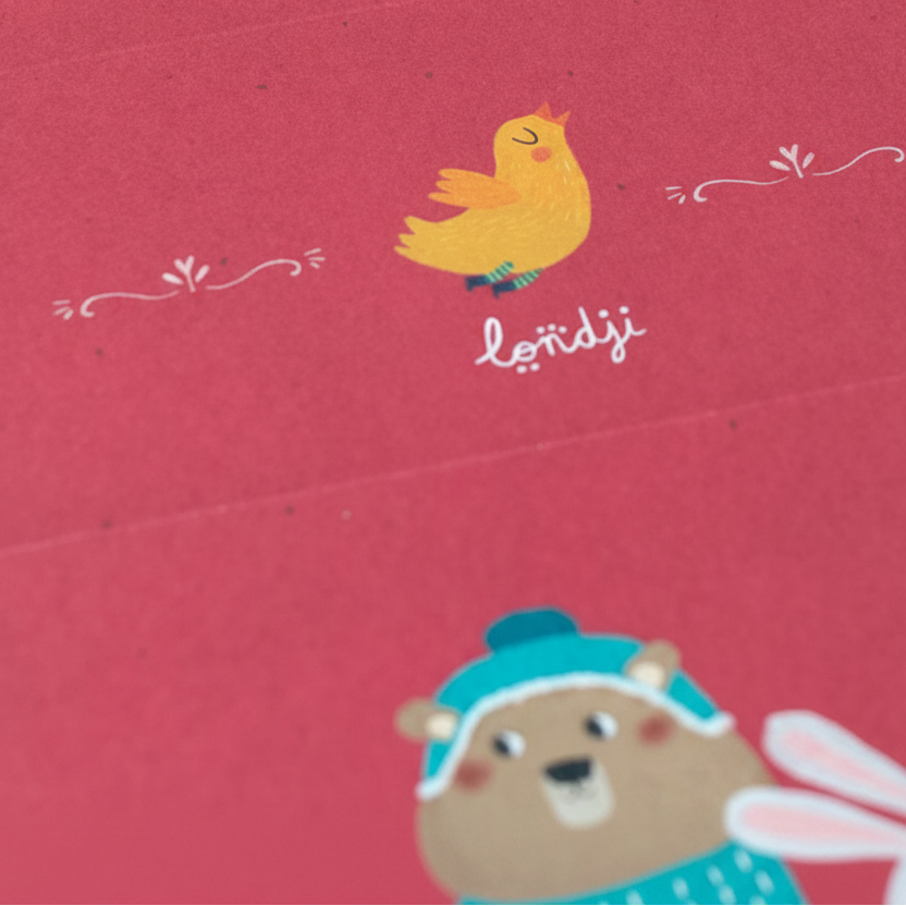Red background with a yellow bird illustration