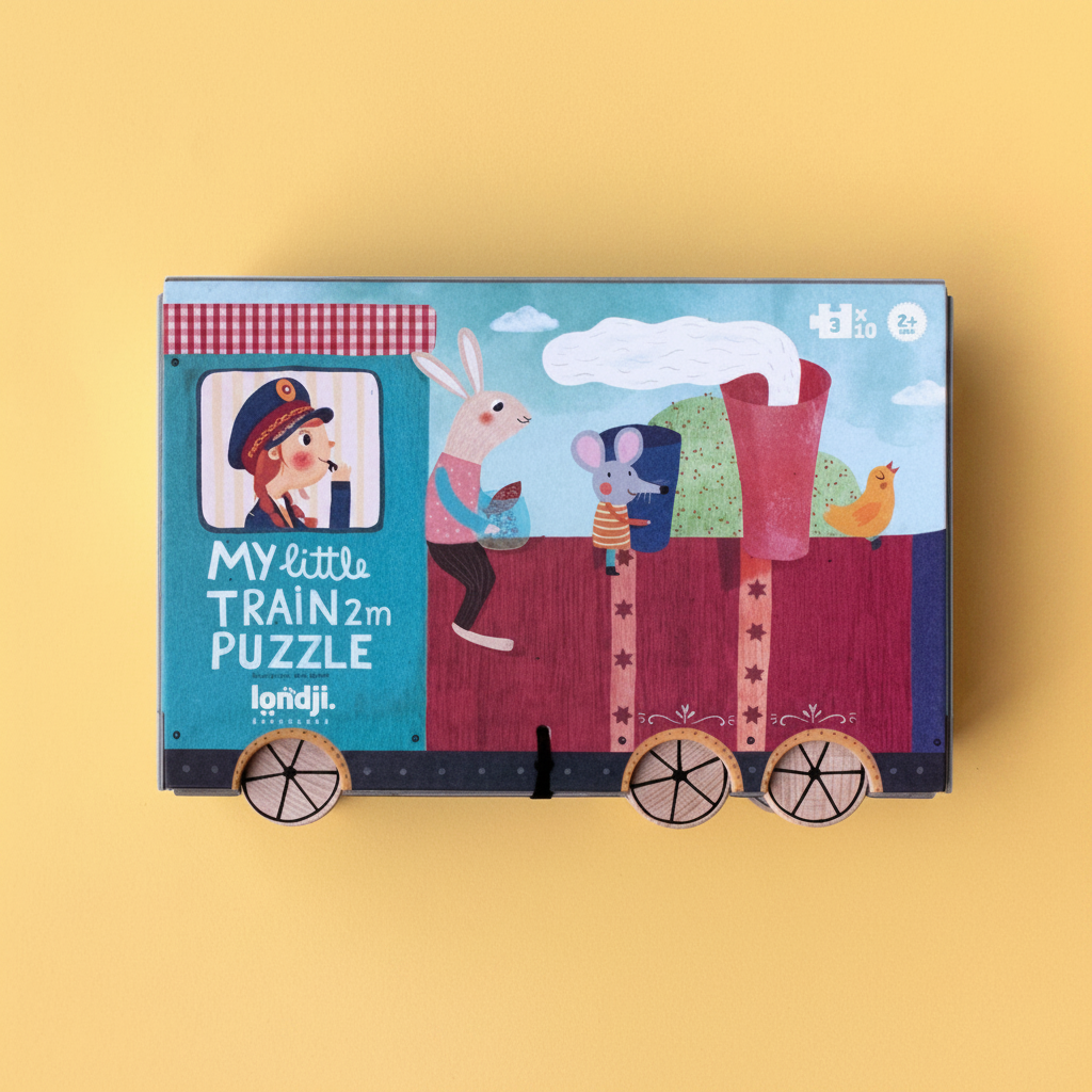 Children's puzzle box with train design and cartoon characters on a yellow background