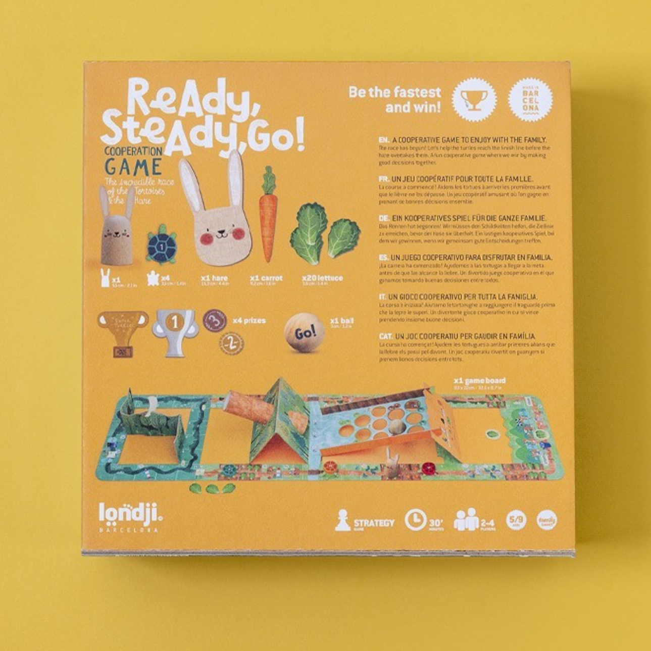 Board game packaging for 'Ready, Steady, Go!' by Londji on a yellow background