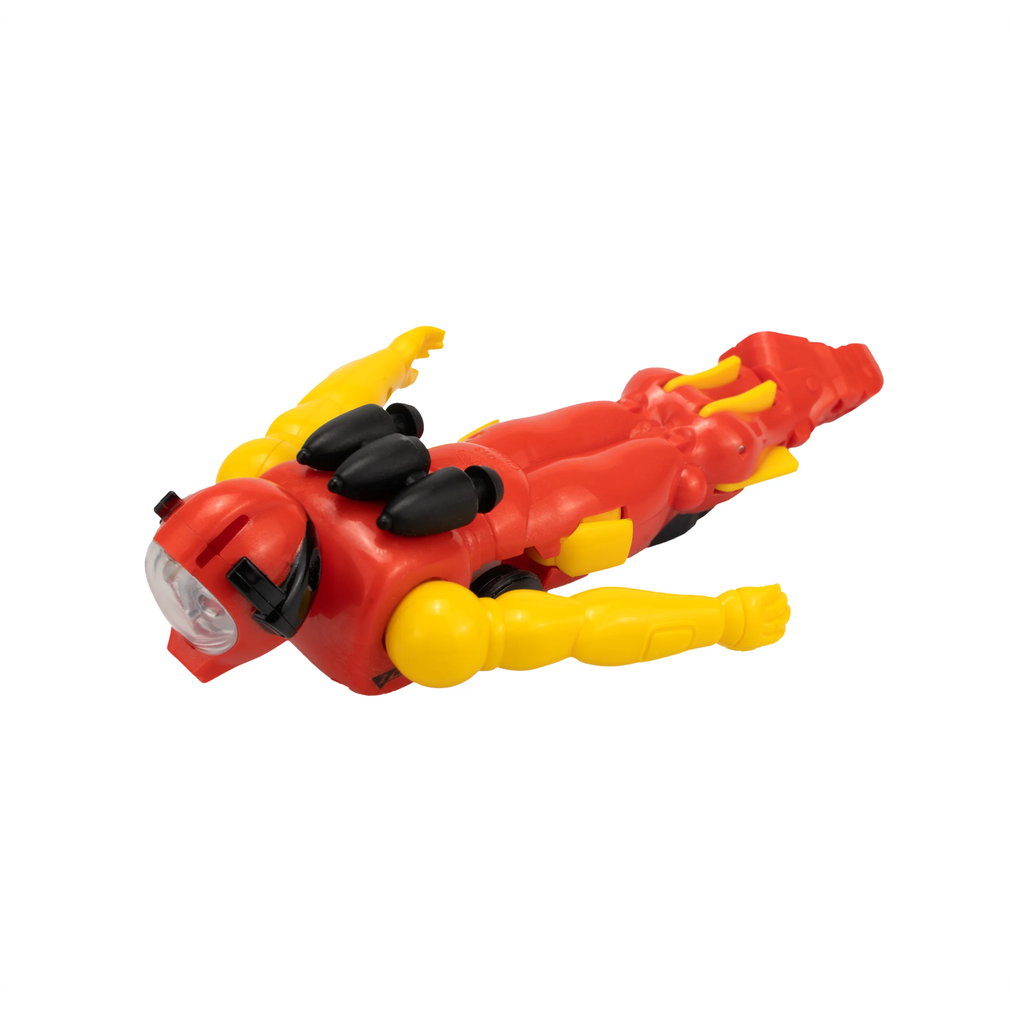 Red and yellow toy vehicle on a white background