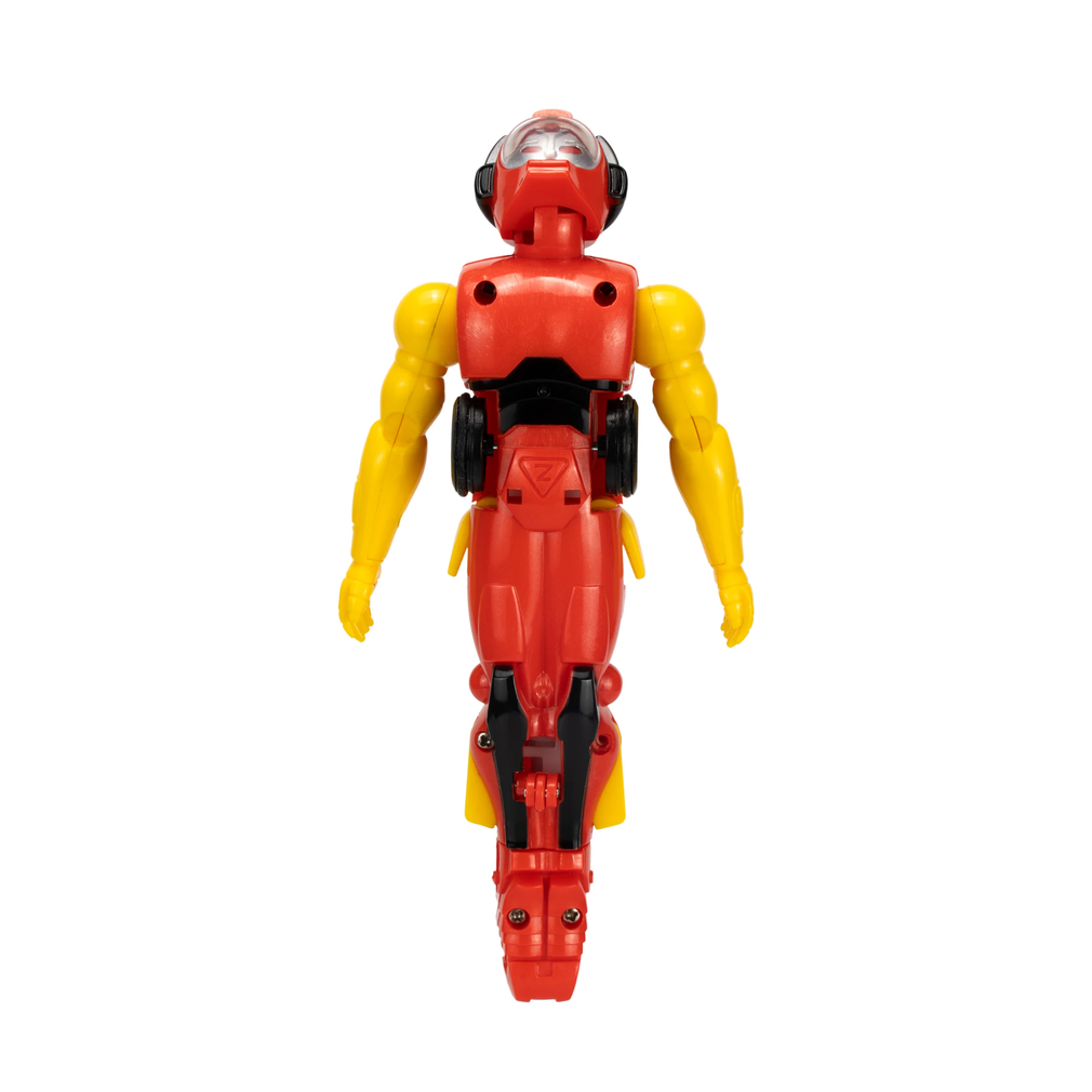 Toy figure with red and yellow color scheme on a white background