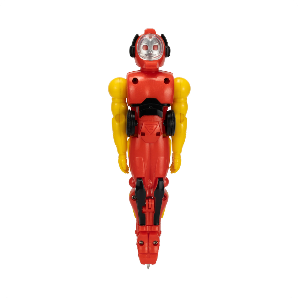Toy robot figure with red, yellow, and black colors on a white background